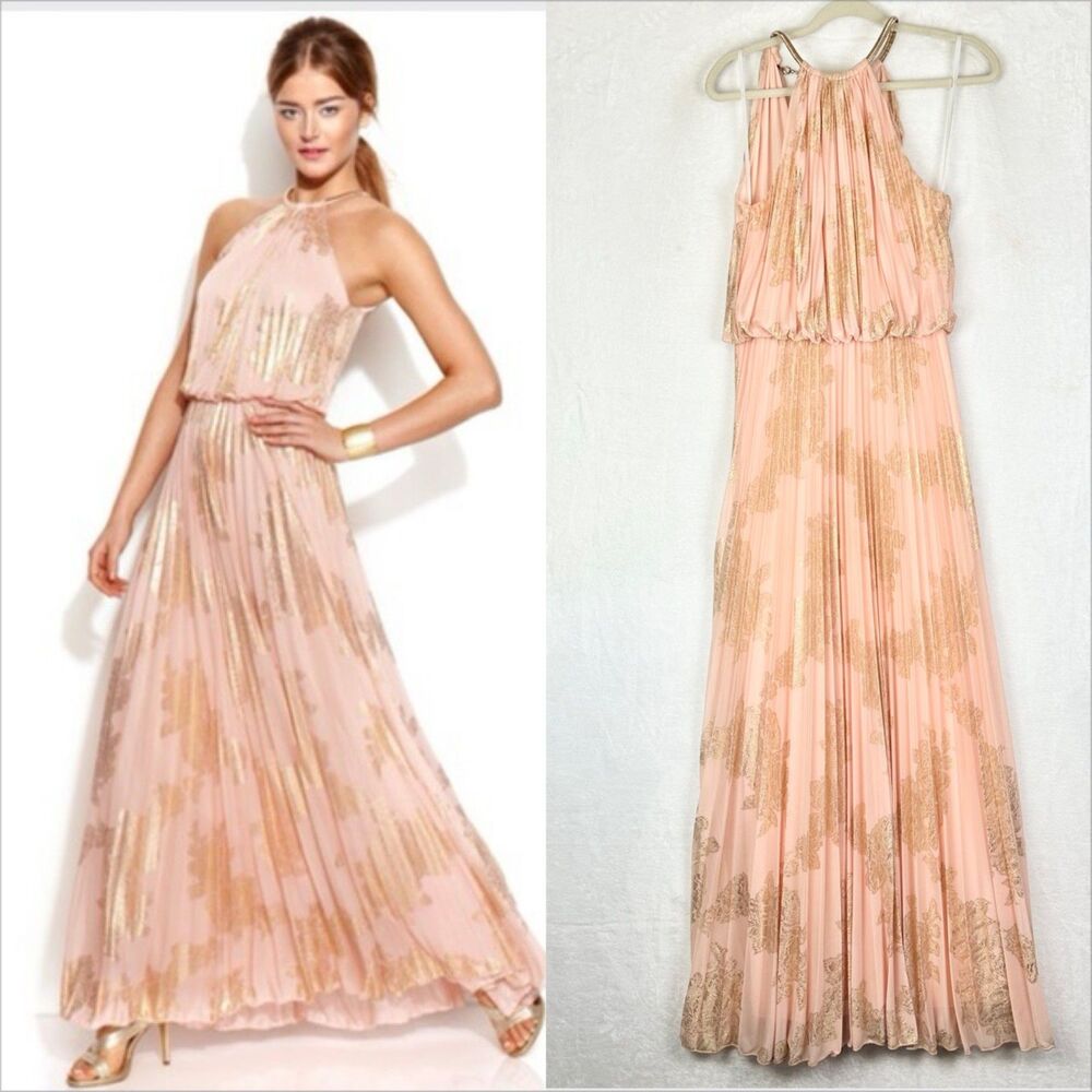Xscape Metallic Print Pleated Halter Gown Size 6 Peach Gold Foiled Blouson
